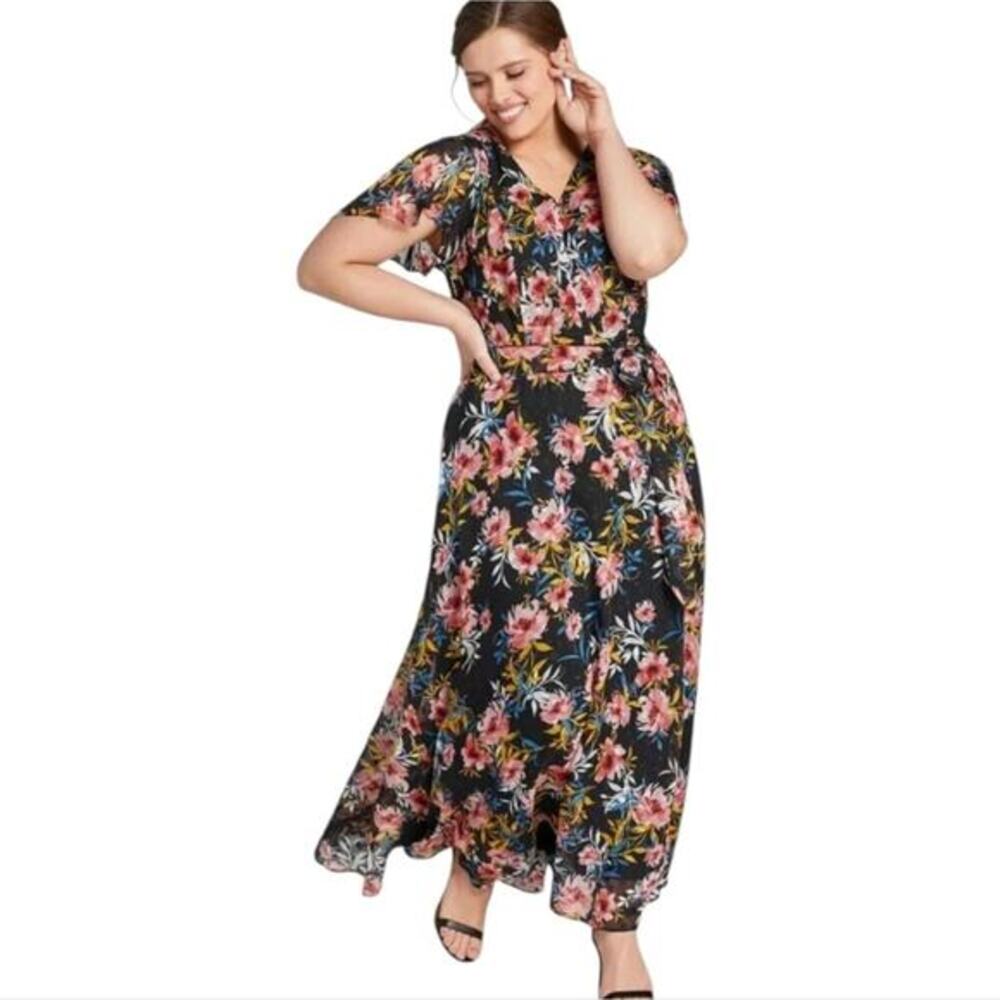 Lane Bryant Swiss dot cottagecore floral tied waist maxi dress plus size 20 2X